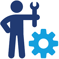 Repairman holding wrench, standing next to gear