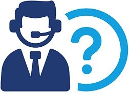 Service representative wearing headset in front of question mark